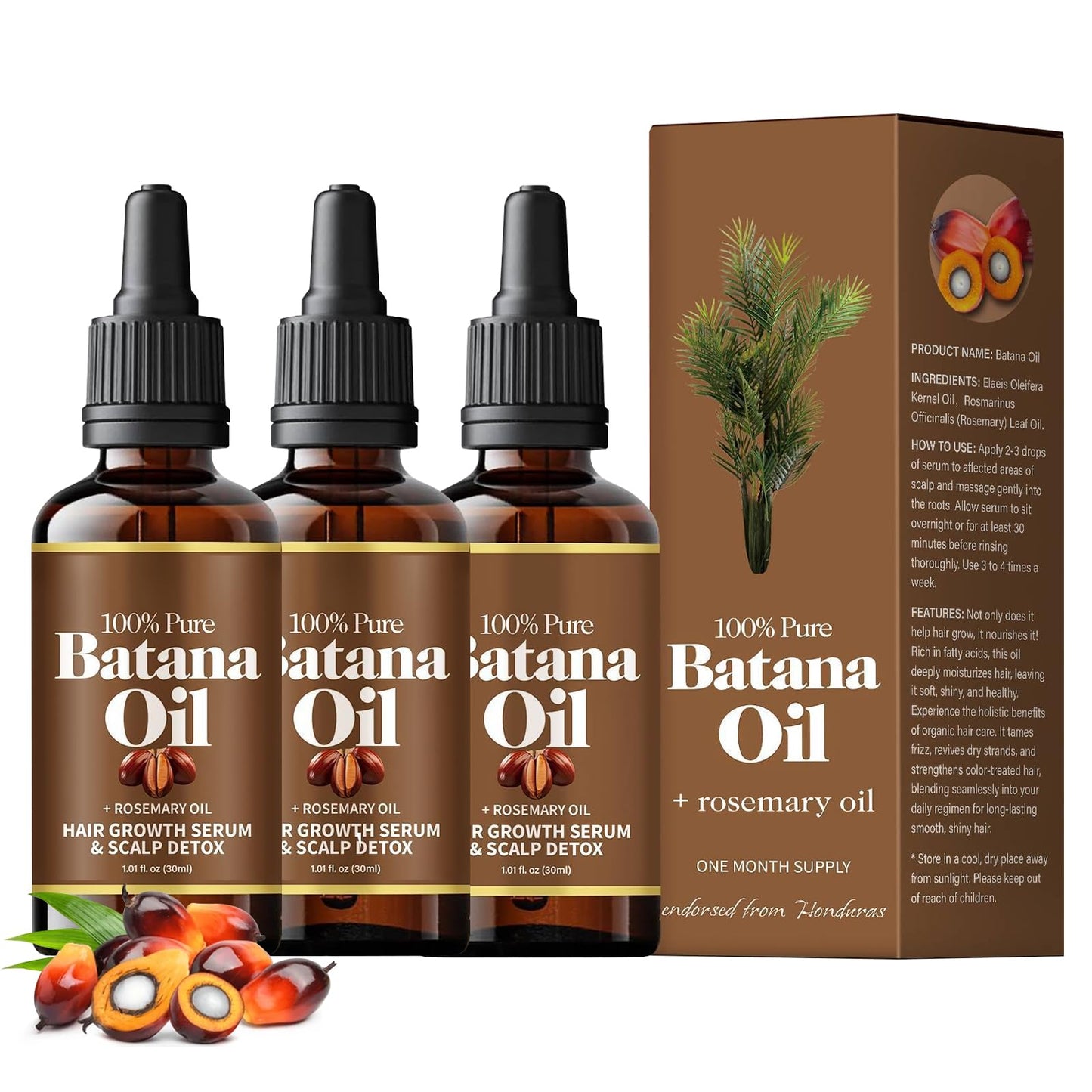 Three bottles of 100% Pure Batana Oil with a packaging box on a white background