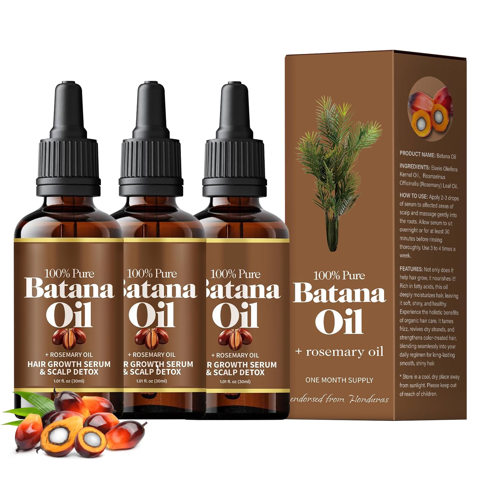 Three bottles of 100% Pure Batana Oil with a packaging box on a white background