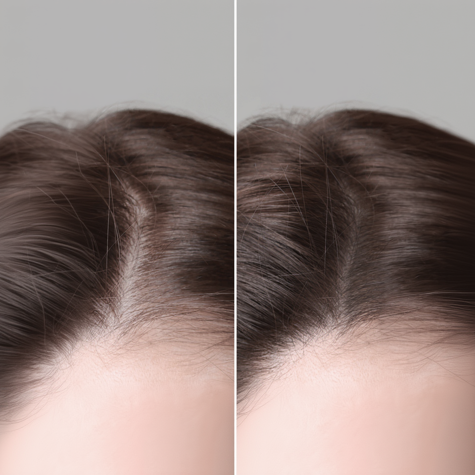 Side-by-side comparison of hair density on a person's head.