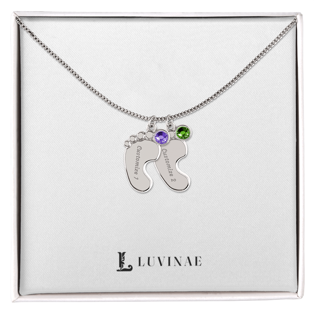 Tendova™ Baby Feet Necklace — Personalized Name & Birthstone Charms — 18K Gold or Stainless Steel — New Mom Gift
