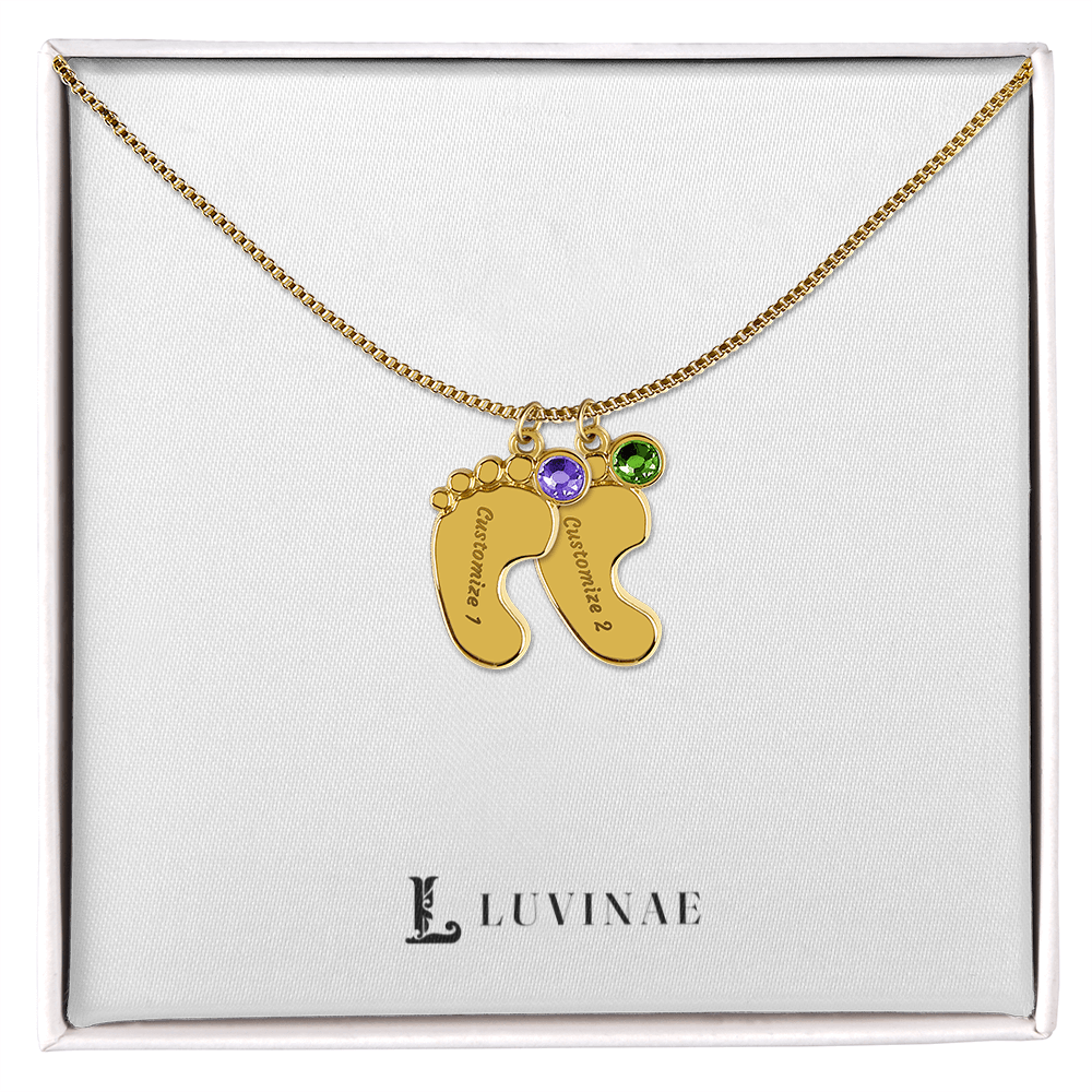 Tendova™ Baby Feet Necklace — Personalized Name & Birthstone Charms — 18K Gold or Stainless Steel — New Mom Gift