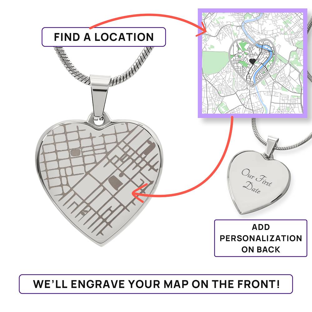 Everplace™ Heart Map Necklace — Custom Location Engraving — 18K Gold or Stainless Steel — Anniversary & Wedding Gift
