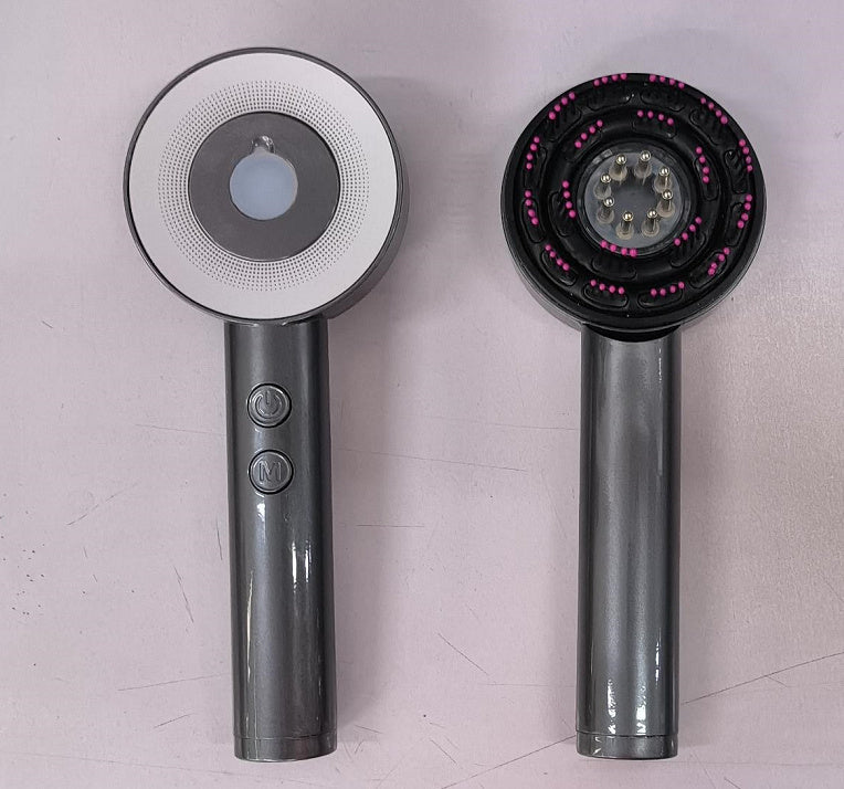 Two handheld hair dryers with different nozzles on a light gray background